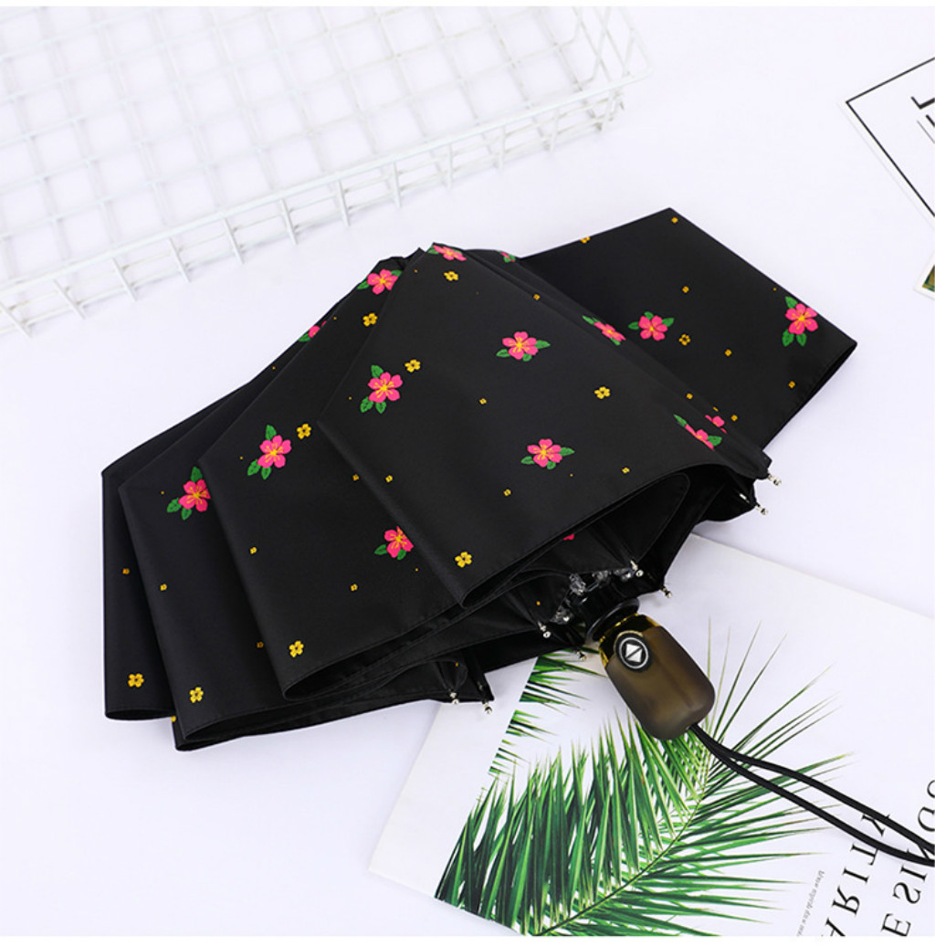04小清新女士防曬自動傘櫻花飛舞黑膠遮陽防紫外線雨傘小黑